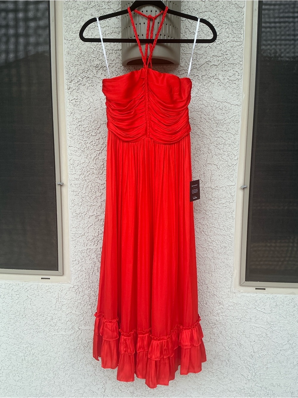NWT Lulu’s Pleasing Chicness Red Satin Halter Tiered Midi Dress Small Party Chic - Picture 3 of 10